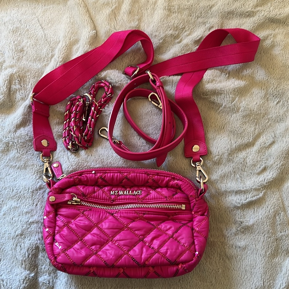 MZ Wallace Mini Crossby in Bright Fuchsia with Sequin